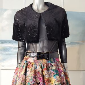 ○OSCAR DE LA RENTA BLACK SHARED MINK ROSE EMBROIDERED JACKET BOLERO US XS